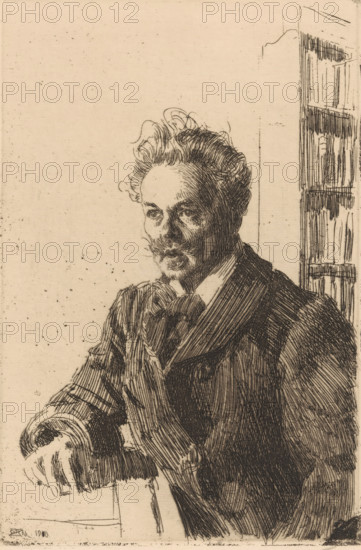 Portrait of August Strindberg, print, Swedish playwright, half-figure, sitting at a desk, facing left., printmaker: Anders Leonard Zorn (signed by artist), 1910, paper, etching, height 298 mm x width 199 mm, Person, August Strindberg, historical persons, portrait of a writer, A sepia-toned etching of a seated man shown from the waist up, facing slightly to the viewer's left, with wavy hair swept back and a mustache and goatee, wearing a suit jacket over a collared shirt and a loosely tied cravat; his left arm rests on a surface with fingers visible, and shading lines define the contours of his face and clothing; to the right of the figure a tall narrow bookcase or shelving unit with stacked rectangular spines is visible, and the background is mostly empty with fine speckled texture.