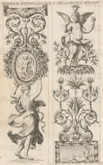 Two panels with caryatid and candelabra, Ornaments in the Queen's Apartments in the Louvre, Ornemens des Appartemens de la Reine au Vieux Louvre, print, album page, ornamental print, title print, Series number, 1, 6, Caryatid carrying an oval medallion containing Amor, and next to it a candelabra crowned with a blindfolded Amor. Numbered with the letter A in the lower right corner. This print is part of an album., printmaker: Paul Androuet Ducerceau, after design by Charles II Errard, publisher: Nicolas Langlois (I), Paris, grantor of privilege: Louis XIV (King of France), France, 1650 - 1703, Paul Androuet Ducerceau, Charles II Errard, Nicolas Langlois (I), Louis XIV (King of France), printmaker, after design by, publisher, grantor of privilege, paper, etching, height 299 mm x width 189 mm, caryatids, architecture, ornament, candelabrum, attributes of Cupid: blindfold, The image shows a vertical engraving divided into two narrow panels by a central line, with intricate ornamental desi...