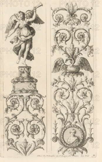 Two panels with candelabra with leaf tendrils, Ornaments in the Queen's Apartments in the Louvre, Ornemens des Appartemens de la Reine au Vieux Louvre, print, album page, ornamental print, Series number, 2, 6, On the left a candelabra motif with Fama on it. On the right a candelabra motif with a medallion with a portrait, and a swan. Numbered with the letter B in the lower right corner. This print is part of an album., printmaker: Paul Androuet Ducerceau, publisher: Nicolas Langlois (I), Paris, grantor of privilege: Louis XIV (King of France), France, 1650 - 1703, Paul Androuet Ducerceau, Nicolas Langlois (I), Louis XIV (King of France), printmaker, publisher, grantor of privilege, paper, etching, height 299 mm x width 183 mm, Fama as Roman personification, water-birds: swan, ornament, candelabrum, A vertical engraving divided into two narrow panels shows ornate decorative designs in a classical style. In the left panel a winged figure floats above a pedestal, holding a long trumpet to...