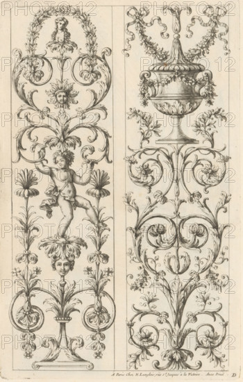 Two panels with candelabra, Ornaments in the Queen's Apartments in the Louvre, Ornemens des Appartemens de la Reine au Vieux Louvre, print, album page, ornamental print, Series number, 4, 6, Two candelabra motifs with a putto and a vase. Numbered with the letter D in the lower right corner. This print is part of an album., printmaker: Paul Androuet Ducerceau, publisher: Nicolas Langlois (I), Paris, grantor of privilege: Louis XIV (King of France), France, 1650 - 1703, Paul Androuet Ducerceau, Nicolas Langlois (I), Louis XIV (King of France), printmaker, publisher, grantor of privilege, paper, etching, height 301 mm x width 190 mm, cupids: 'amores', 'amoretti', 'putti', vase, ornament, candelabrum, The image shows two narrow vertical panels of intricate black ink ornamental drawings on a light paper background, each panel filled with symmetrical decorative motifs including curling acanthus leaves, stylized flowers, and garlands; the left panel features a cherubic child with a cloth drap...