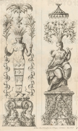 Two panels with caryatids, Ornaments in the Queen's Apartments in the Louvre, Ornemens des Appartemens de la Reine au Vieux Louvre, print, album page, ornamental print, Series number, 6, Numbered lower right with the letter F. This print is part of an album., printmaker: Paul Androuet Ducerceau, publisher: Nicolas Langlois (I), Paris, grantor of privilege: Louis XIV (King of France), France, 1650 - 1703, Paul Androuet Ducerceau, Nicolas Langlois (I), Louis XIV (King of France), printmaker, publisher, grantor of privilege, paper, etching, engraving, height 304 mm x width 188 mm, caryatids, architecture, A tall ornamental engraving split into two vertical panels shows two stylized female figures atop decorative plinths. On the left, a standing female form with a bare upper torso and a long tapered skirt decorated with small faces and ornamental bands holds a tall leafy plume in each hand; her hair is topped by a feathered headdress and she stands on a scroll-like base with acanthus leave...