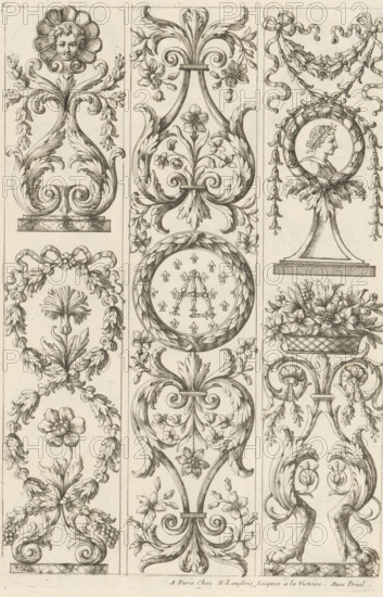 Candelabrum motifs with acanthus tendrils, Ornamental panels with acanthus motifs, print, album page, ornamental print, Series number, 1, 4, This print is part of an album., printmaker: Paul Androuet Ducerceau, publisher: Nicolas Langlois (I), Paris, grantor of privilege: Louis XIV (King of France), France, 1650 - 1703, paper, etching, height 263 mm x width 178 mm, acanthus, ornament, candelabrum, The image shows three vertical panels filled with intricate linear ornamental designs of scrolls, foliage, flowers, ribbons, wreaths, and decorative medallions, all rendered in a monochrome pen-and-ink style; the left panel contains scrolling acanthus forms, hanging bell-shaped flowers, garlands tied with bows, a stylized human face set within a scalloped floral surround, and a variety of floral rosettes and leafy clusters; the central panel features symmetrical volutes and leafy scrolls enclosing delicate flowering stems, a circular wreath with a patterned interior, and more floral motifs ar...
