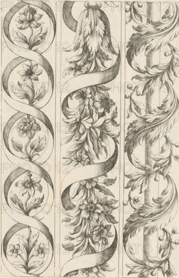 Three floral ornaments, Ornament panels with acanthus motifs, print, album page, ornamental print, Series number, 2, 4, Pillar-shaped ornaments with ribbons and floral motifs. This print is part of an album., printmaker: Paul Androuet Ducerceau, publisher: Nicolas Langlois (I), Paris, grantor of privilege: Louis XIV (King of France), France, 1650 - 1703, paper, etching, height 274 mm x width 183 mm, floral interlace, ornament, acanthus, ribbon, scroll, banderole, Three vertical panels filled with detailed botanical engravings. The left panel shows a twisting ribbon forming oval loops, each loop enclosing a different flower with leaves and stems, rendered in fine crosshatching and curved shading. The central panel features a wider ribbon spiraling down amid dense clusters of flowers and layered petals, with elongated leaves and overlapping blooms creating a sense of vertical movement. The right panel displays a column entwined by large, sweeping acanthus-like leaves and small round berr...