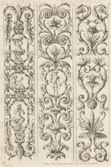 Ornaments with acanthus tendrils and satyrs, Ornamental panels with acanthus motifs, print, album page, ornamental print, Series number, 3, 4, This print is part of an album., printmaker: Paul Androuet Ducerceau, publisher: Nicolas Langlois (I), Paris, grantor of privilege: Louis XIV (King of France), France, 1650 - 1703, paper, etching, height 269 mm x width 182 mm, acanthus, ornament, satyr(s) (in general), Three vertical decorative panels filled with intricate ink linework run the height of the image, each separated by thin blank margins. The left panel shows ornamental scrolls, acanthus leaves, rosettes, and framed hexagonal medallions containing seated human figures in various poses, with dangling floral motifs and symmetrical flourish elements. The central panel features a repeating vertical arrangement of stylized palmettes, curling foliage, circular floral motifs, and an oval medallion with a standing figure holding an object, all connected by sinuous stems and ornate scrollwor...