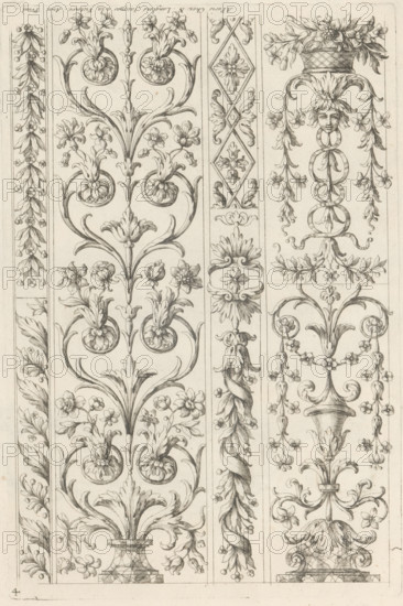 Candelabrum motifs with floral tendrils, Ornamental panels with acanthus motifs, print, album page, ornamental print, Series number, 4, This print is part of an album., printmaker: Paul Androuet Ducerceau, publisher: Nicolas Langlois (I), Paris, grantor of privilege: Louis XIV (King of France), France, 1650 - 1703, paper, etching, height 265 mm x width 176 mm, flowers, ornament, candelabrum, The image shows a detailed vertical engraving of decorative botanical and ornamental motifs arranged in narrow panels, featuring stylized flowering plants with curving stems and scrolling leaves, circular floral medallions, garlands of small blossoms, and symmetrical palmette shapes; one panel contains a woven basket topped with a bouquet and a humanlike face integrated into hanging foliage and ribbon loops, another panel displays a twisted vine with clustered buds, and a central panel presents tall sinuous stems rising from a flared pedestal with elaborate blossoms and paired rounded floral elemen...
