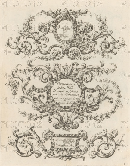 Three cartouches with acanthus tendrils and marble inlay, Fashionable ornaments with leaf motifs, Ornaments à la Mode, print, album page, ornamental print, title print, Series number, 1, 4, Three ornaments with medallions containing, from top to bottom, a tree, the title, and a landscape. This print is part of an album., printmaker: Paul Androuet Ducerceau, publisher: Nicolas Langlois (I), Paris, grantor of privilege: Louis XIV (King of France), France, c. 1670 - c. 1690, paper, etching, height 263 mm x width 210 mm, landscapes, trees, acanthus, ornament, An ornate ink drawing fills the page with symmetrical swirling acanthus leaves, curling scrolls, and floral garlands rendered in fine black lines on a light paper background, featuring decorative cartouches with patterned borders and small landscape vignettes inside rounded frames, rosettes and shell-like motifs at focal points, and interconnected loops of foliage and blossoms creating an overall baroque ornamental composition.