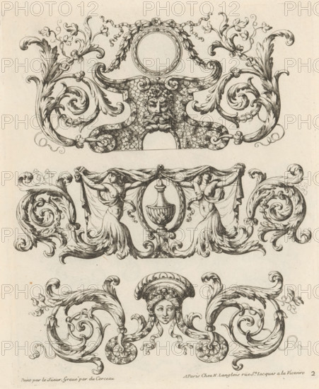 Three ornaments with acanthus tendrils and masks, Ornemens à la Mode, Fashionable ornaments with leaf motifs, print, album page, ornamental print, Series number, 2, 4, A round medallion above a marble base with a mask with a beard on top. Below that, a vase in a medallion and a female mask. All this surrounded by acanthus tendrils. This print is part of an album., printmaker: Paul Androuet Ducerceau, after design by Pierre Lesueur, publisher: Nicolas Langlois (I), Paris, c. 1670 - c. 1690, paper, etching, height 261 mm x width 215 mm, mask, mascaron, ornament, acanthus, pedestal of a piece of sculpture (perhaps in the form of a herm), medallion, An ornate ink drawing on aged paper featuring three horizontal decorative panels stacked vertically, each panel filled with symmetrical scrollwork, curling acanthus leaves, floral motifs, and stylized human figures; the top panel centers on a bearded face set within a textured cartouche flanked by elaborate volutes and leafy tendrils with a cir...