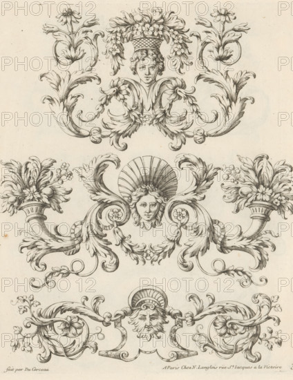 Three ornaments with masks, Ornemens à la Mode, Fashionable ornaments with leaf motifs, print, album page, ornament print, Series number, 3, 4, This print is part of an album., print maker: Paul Androuet Ducerceau, publisher: Nicolas Langlois (I), Paris, c. 1670 - c. 1690, printmaker, paper, etching, height 258 mm x width 211 mm, mask, mascaron, ornament, acanthus, A vertical sheet showing ornate black line drawings on a light beige background, featuring three horizontal decorative bands. The top band includes a stylized female head with curly hair wearing a basket-like headdress topped with flowers, framed by scrolling acanthus leaves and floral motifs. The middle band displays a similar central facial figure with flowing hair set before a fan-shaped halo, flanked by large curling acanthus scrolls that terminate in cornucopia-like vessels filled with flowers and foliage. The lower band contains a bearded male face wearing a rounded helmet or cap, set among elaborate scrolling foliage ...