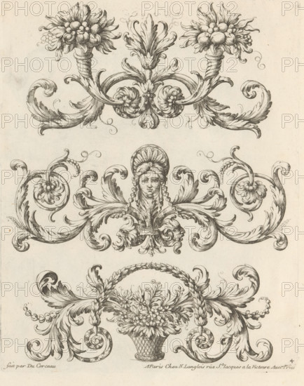 Three ornaments with flowers and a mask, Fashionable ornaments with leaf motifs, Ornemens à la Mode, print, album page, ornament print, Series number, 4, This print is part of an album., printmaker: Paul Androuet Ducerceau, publisher: Nicolas Langlois (I), Paris, c. 1670 - c. 1690, paper, etching, height 262 mm x width 209 mm, flowers, ornament, mask, mascaron, acanthus, A vertical ink engraving showing ornate decorative motifs stacked in horizontal bands, featuring scrolling acanthus leaves, rosettes, and floral clusters, with the top band displaying two stylized flower heads on twisted stems connected by symmetrical curved leaves, the middle band centered on a female head wearing a radiating headdress flanked by elaborate volutes and floral scrolls, and the lower band containing a woven basket overflowing with flowers suspended from braided garlands and surrounded by curling foliage, all rendered in fine linear shading on a pale paper background.