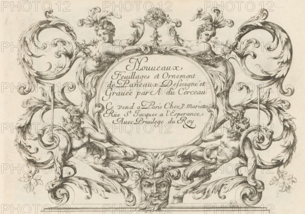 Title print with satyrs and female herms, Panels with leaf motifs, Nouveaux Feuillages et Ornement de Paneaux, print, album page, ornamental print, title print, Series number, 1, 6, This print is part of an album., printmaker: Paul Androuet Ducerceau, publisher: Pierre Mariette (II), Paris, grantor of privilege: Louis XIV (King of France), France, 1660 - 1690, paper, etching, height 259 mm x width 189 mm, other hybrid forms in the shape of a pillar, satyr(s) (in general), An ornate engraved decorative cartouche fills the image, featuring symmetrical scrolling acanthus foliage that curves into volutes and leaf forms on both sides. Two reclining hybrid figures with human torsos and flowing hair emerge from the scrollwork near the top, each wearing a plume of feathers on their heads and leaning on the central circular frame. Below them, muscular male figures are integrated into the scrolling elements, their limbs entwined with the foliage and their faces rendered with detailed hair and be...