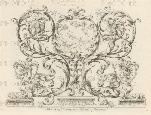 Ornament of acanthus tendrils with resting Hercules, Nouveaux Feuillages et Ornement de Paneaux, Panels with leaf motifs, print, album page, ornamental print, Series number, 2, 6, This print is part of an album., printmaker: Paul Androuet Ducerceau, publisher: Pierre Mariette (II), Paris, 1660 - 1690, paper, etching, height 258 mm x width 189 mm, (story of) Hercules (Heracles), acanthus, ornament, A symmetrical ink drawing of ornate scrollwork and foliage forms a central vertical axis with curling acanthus leaves and volutes, framing a roundel at the top that contains a reclining male nude viewed from behind beside a small tree, and two stylized birds perched within circular frames on either side; below the roundel the scrolls expand into mirrored winged female figures with elaborate feathered hairpieces emerging from leafy forms and resting on cushioned plinths, all rendered in fine line work on a light background.