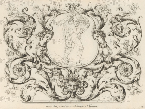 Hercules in medallion amid acanthus vines, Panels with leaf motifs, Nouveaux Feuillages et Ornement de Paneaux, print, album page, ornament print, Series number, 4, 6, This print is part of an album., printmaker: Paul Androuet Ducerceau, publisher: Pierre Mariette (II), Paris, 1660 - 1690, paper, etching, height 259 mm x width 190 mm, acanthus, ornament, sphinx (lion, woman), 'Sfinge' (Ripa), attributes of Hercules (with NAME), A central circular frame contains a partially draped male figure walking and carrying a large carved head, flanked by ornate scrolling acanthus leaves. On either side of the central frame are mirrored female busts with curled hair and decorative necklaces entwined with the foliage. Stylized lion or grotesque masks emerge from the scrolling foliage above and below, their faces integrated into the swirling leaf forms. Delicate floral sprigs and curled tendrils accent the outer edges of the composition, and finely hatched shading defines the contours and volume of ...
