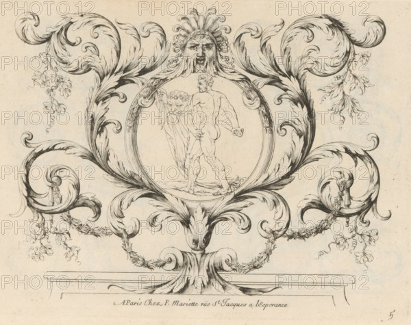 Hercules in a medallion amidst acanthus tendrils, Nouveaux Feuillages et Ornement de Paneaux, Panels with leaf motifs, print, album page, ornamental print, Series number, 5, 6, This print is part of an album., printmaker: Paul Androuet Ducerceau, publisher: Pierre Mariette (II), Paris, 1660 - 1690, paper, etching, height 257 mm x width 191 mm, acanthus, ornament, attributes of Hercules (with NAME), A decorative ink drawing shows a central circular medallion held within sweeping acanthus-like scrolls and foliage, with a grotesque face at the top of the medallion that has an open mouth and radiating feathered forms above it; inside the medallion a nude male figure is shown from behind carrying a draped mask or head in one hand and a club or stick in the other, standing on a ground line; elaborate curling leaves, floral garlands, and hanging blossoms extend outward symmetrically from the central motif, with ornamental volutes and tassel-like elements near the lower corners and a pedestal-...