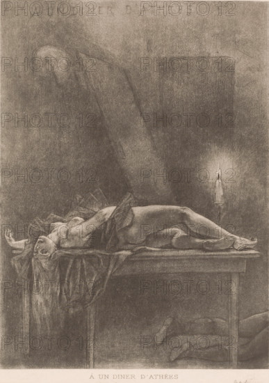 Half-naked woman lies on a table, À un diner d'athées, book illustration, photomechanical print, publisher: Henri Floury, Paris, 1908, Félicien Rops, Henri Floury, after print by, publisher, paper, photoaquatint, aquatint, soft-ground etching, height 261mm x width 202mm, A dark, monochrome scene shows a female figure lying on her back atop a wooden table, draped partially with cloth and positioned with her head hanging slightly over the table edge and one arm extended outward; a lit candle in a holder stands upright on the table casting a small halo of light, and shadows form a large shrouded silhouette behind the table; the lower portion of the image shows the table legs and indistinct cloth or bundled shapes beneath, while the overall texture is grainy and rendered in soft charcoal tones.