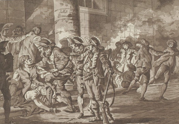 Man on the street being arrested by soldiers, print, album page, Print is part of an album., printmaker: Louis Ducros, after design by Jacques Sablet (II), 1758 - 1810, paper, aquatint, etching, aquatint and etching in grey, height 194 mm x width 269 mm, Europeans (with NAME), flight, running away, pursuing, arrest, military service, A scene shows a group of people in period clothing gathered in front of a stone building with a large round column and a high window; several men wearing tricorne hats and ornate coats stand and gesture while one holds a long musket-like weapon, another kneels and grasps a man who is seated or falling on the steps, and other figures reach toward each other or recoil; a woman in a flowing dress stands to the right with an outstretched arm while nearby a seated child and other onlookers display varied expressions; the ground is paved with planks and the stone wall behind them bears patches of lighter wash suggesting weathering.