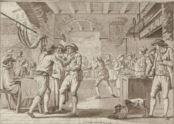 Quarrelsome figures in a dining room, print, album page, Print is part of an album., printmaker: Louis Ducros, after design by Jacques Sablet (II), 1758 - 1810, paper, aquatint, etching, aquatint and etching in grey, height 194 mm x width 269 mm, inn, coffee-house, public house, dining-room, Europeans (with NAME), quarrel, argument, A monochrome ink drawing of an interior space with a tiled floor and a beamed ceiling, featuring an arched opening at the back and a hanging framed relief on the right wall; groups of people occupy the room, many wearing wide-brimmed hats and period clothing, with three men in the foreground clustered close together in animated posture, a seated figure at a table to the left holding a cup, a standing server carrying a jug nearby, and several figures in the middle and rear seated at tables or moving between them; on the right a counter holds plates and a standing man leans with one hand on his chest while another figure beside him gestures toward a small dog...