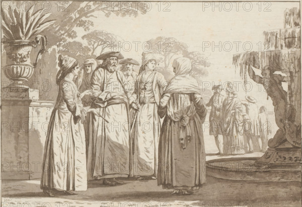 Group of men and women in front of a fountain, print, album page, Print is part of an album., printmaker: Louis Ducros, after design by Jacques Sablet (II), 1758 - 1810, paper, aquatint, etching, aquatint and etching in grey, height 197 mm x width 269 mm, garden fountain, Europeans (with NAME), A sepia-toned scene shows a group of people gathered outdoors near trees and architectural elements. Several figures in long flowing garments and head coverings stand facing each other in the foreground, their faces turned toward one another and hands visible at their sides or clasped. A large decorative urn with broad leaves sits on a pedestal to the left, and a stone balustrade runs behind the group. To the right a multi-tiered fountain with a sculpted figure emerges from the water, and additional figures in period dress walk or stand near the fountain, some wearing hats and coats. Trees with broad canopies fill the background, and the ground beneath the figures is shaded, suggesting paved sur...