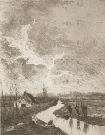 Meadow landscape with ditch, farm and mills, Environs de La Haye (original title), print, printmaker: Philip Zilcken (signed by artist), after painting by Jacob Maris (signed by artist), 1867 - 1890, paper, etching, drypoint, aquatint, intaglio printmaking technique, height 211 mm x width 165 mm, windmill in landscape, farm or solitary house in landscape, small canal, ditch, The Hague, A monochrome landscape with a wide textured sky showing sweeping, cloudlike streaks, a meandering stream reflecting the sky, and a small thatched cottage near the water; two small human figures stand by the stream bank in simple clothing, one bent over and the other standing upright; bare trees and reeds line the banks, and distant windmills and low buildings sit along the horizon, rendered with fine, cross-hatched lines and subtle tonal variation.