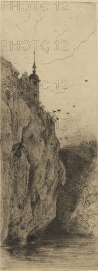 View of Walzin Castle, Le château de Walzin (near Dinant), print, printmaker: Philip Zilcken (signed by artist), 1890 - 1930, paper, drypoint, intaglio printmaking technique, drypoint on zinc, with plate tone, height 246 mm x width 97 mm, rocks, landscape with tower or castle, Dinant, Walzin Castle, A tall rocky cliff rises from a body of water, its textured surface rendered with dense, etched lines and shaded areas. Near the top of the cliff a multi-story building with a tower and a pointed spire sits partially visible, its windows and roofline sketched in dark strokes. Small dark shapes resembling birds are scattered in the sky and near the cliff edge. The sky is lightly marked with faint, curving lines suggesting clouds. The water at the base is calm with horizontal hatch marks indicating reflections, and darker, heavily shaded foliage or rock fills the distant recess beside the cliff.