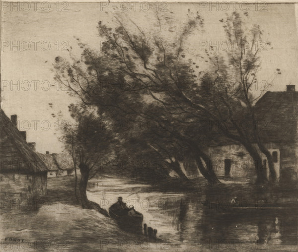 Village view with ditch and boats, Paysage (original title), print, printmaker: Philip Zilcken (signed by artist), after design by Camille Corot, 1890 - 1930, paper, etching, drypoint, intaglio printmaking technique, height 194 mm x width 213 mm, rowing-boat, canoe, village, small canal, ditch, A monochrome scene rendered with fine etching lines shows a riverside village with tall, leafy trees leaning over the water and intricate branch and leaf textures against a pale sky. Along the water's edge are pitched-roof houses and a larger building with visible windows and a roofline, their facades shaded with crosshatching. In the foreground a small boat with two seated figures floats near the bank, while a second small figure kneels at the water on the opposite side. The water reflects the dark silhouettes of the trees and buildings, and the ground and banks are detailed with subtle strokes and shading.