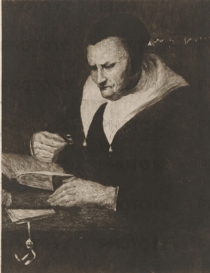 Reading old woman, Vieille femme lisant (original title), print, printmaker: Philip Zilcken (signed by artist), after design by Constantijn à Renesse, 1867 - 1890, paper, etching, drypoint, intaglio printmaking technique, height 241 mm x width 179 mm, old woman, reading, A monochrome engraving shows an older person seated and leaning over an open book, wearing a dark hood and a light-colored collar; their face is downcast with visible wrinkles and a somber expression, and one hand holds a small object above the book while the other rests on the pages; the scene is primarily dark with strong crosshatched shading and a plain dark background, and a small dangling ornament hangs from the edge of the table.