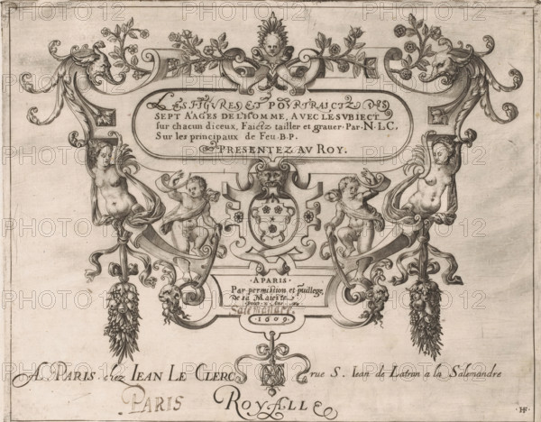 Title print with cartouche and ornamental frame with putti, Seven Ages of Man, Les Figvres Et Povrtraictz Des Sept Aages De L'Homme, print, title print, inscription: 'Paris', inscription: 'Salemandre.', printmaker: Monogrammist HF (engraver), publisher: Jean Leclerc (publisher), Paris, grantor of privilege: Henry IV (King of France and Navarre), France, 1609, Monogrammist HF (engraver), Jean Leclerc (publisher), Henry IV (King of France and Navarre), printmaker, publisher, grantor of privilege, paper, engraving, intaglio printmaking technique, height 196 mm x width 249 mm, Title print of a seven-part series depicting the ages of man, published by Jean Leclerc in 1609., ornament, cartouche, the ages of man, A rectangular engraved decorative panel with ornate symmetrical scrollwork and floral motifs framing a central cartouche, flanked by mirrored stylized animal heads with curling horns and leafy extensions, and by two female busts emerging from scrolls on either side; beneath the carto...