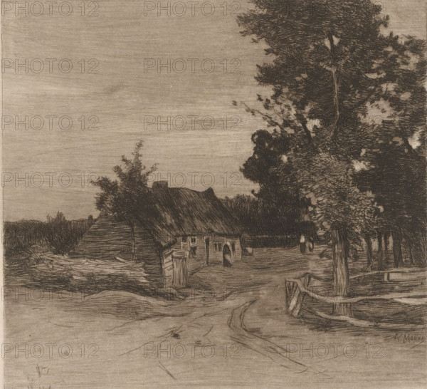 Farm on a country road with trees, Village (original title), print, annotation: 'état définitif', printmaker: Philip Zilcken (signed by artist), after design by Anton Mauve, 1867 - 1890, paper, etching, drypoint, intaglio printmaking technique, height 230 mm x width 183 mm, road, path, farm or solitary house in landscape, A monochrome etching showing a rural scene with a thatched-roof cottage partially obscured by trees, a dirt lane leading toward the cottage, dense foliage and tall trees on the right, a wooden fence and gate near the foreground on the right, a small archway and doorway visible on the cottage, a few barrels or posts near the cottage entrance, and textured sky and ground rendered with fine parallel lines.