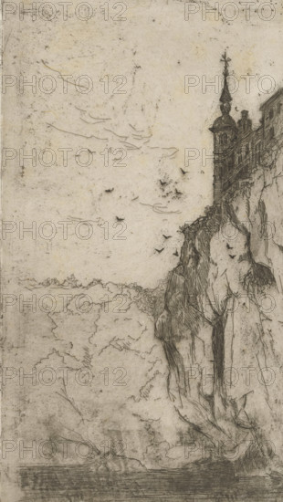 The Castle of Walzin (near Dinant) (original title), View of Walzin Castle, print, printmaker: Philip Zilcken (signed by artist), 1890 - 1930, paper, Japanese paper (handmade paper), etching, drypoint, intaglio printmaking technique, zinc etching and drypoint, with plate tone, on Japanese paper, height 197 mm x width 110 mm, rocks, landscape with tower or castle, Dinant, Walzin Castle, A tall, narrow sketch in faded ink showing a steep rocky cliff on the right with a multi-story building perched near the top, its ornate tower and spire rising above the roofline; the cliff face is rendered with hatched lines and jagged contours, and small dark birds are scattered in the sky to the left of the cliff; below the cliff a suggestion of trees and foliage appears with soft, irregular outlines, and a horizontal band at the very bottom indicates a body of water; the background sky is pale and textured with faint marks and scattered speckles.
