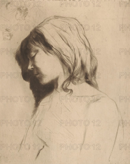Profil de jeune fille (original title), Young girl with closed eyes, in profile, print, Top left two sketches of boys' heads., printmaker: Philip Zilcken (signed by artist), 1867 - 1890, Philip Zilcken, printmaker, paper, drypoint, intaglio printmaking technique, drypoint on zinc, with plate tone, height 196 mm x width 158 mm, girl (child between toddler and youth), A sepia-toned sketch of a person in profile with a covered head, showing delicate pencil lines forming closed eyes, a nose, and lips, with darker shading under the chin and along the hairline, the head covering rendered with flowing, fine strokes that suggest folds and loose strands, a curl of hair visible at the nape, faint outlines of shoulders and upper torso, and two smaller, lightly sketched head studies in the upper left corner on a textured background with visible scratches and smudges.