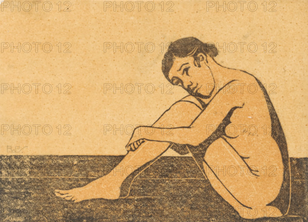 Sitting naked woman, print, printmaker: Reinier Willem Petrus de Vries (1874-1953) (signed by artist), 1884 - 1952, paper, linocut, linoleum cut in yellow and black, height 136 mm x width 186 mm, the (nude) human figure, 'Corpo humano' (Ripa) - AA - female human figure, sitting figure - AA - female human figure, A stylized drawing of a seated person with short dark hair and a smooth, simplified body rendered in warm tan and dark charcoal tones, shown in profile with their head tilted and resting on their arms which are wrapped around bent knees; the figure is placed on a textured dark surface with a lighter, speckled background filling the upper area, and the image shows strong outline strokes and subtle shading defining the contours of the arms, legs, torso, face, and hair.