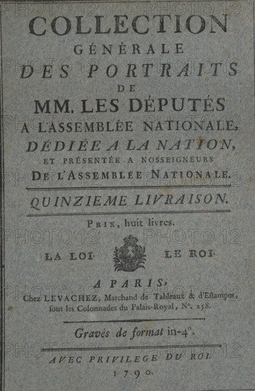 Album with portraits of French politicians, Portraits of delegates present at the meeting of the Estates-General on May 4, 1789 in Versailles, Collection générale des portraits de MM les députés à l'Assemblée Nationale, print album, Album with eight aquatints on eight album pages. The album contains eight portraits of delegates of the Assemblée Nationale. The prints are bound into the album. The album contains eight loose glassine sheets between the pages., printmaker: Pierre Charles Coqueret, publisher: Nicolas-François Le Vachez, Paris, grantor of privilege: Louis XVI (King of France), France, 1790, Louis XVI (King of France), Pierre Charles Coqueret, Nicolas-François Le Vachez, printmaker, publisher, grantor of privilege, paper, glassine, binding, etching, aquatint, album with blue paper boards, bound etchings and aquatints, loose glassine sheets, height 357 mm x width 269 mm x width 510 mm x thickness 5 mm, historical persons, politics, A rectangular sheet with a textured bluish-gr...