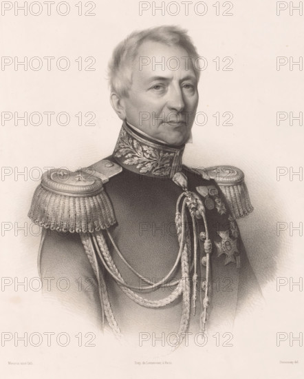 Portrait of Frans David Cochius, print, printmaker: Antoine Maurin, after drawing by Augustin Luc Demoussy, printer (person): Joseph Rose Lemercier, Paris, 1848 - 1887, printer (person), paper, lithography, height 324 mm x width 266 mm, Person, Frans David Cochius, historical persons, officer, A grayscale portrait of an older man shown from the chest upward wearing a dark ornate military uniform with a high embroidered collar and large fringed epaulettes; his hair is light and short, his face is turned slightly to the viewer's right with a neutral expression, and he wears several decorative braided cords and medals on his chest, including star-shaped insignia and knotted tassels, all rendered in fine detailed shading against a plain light background.