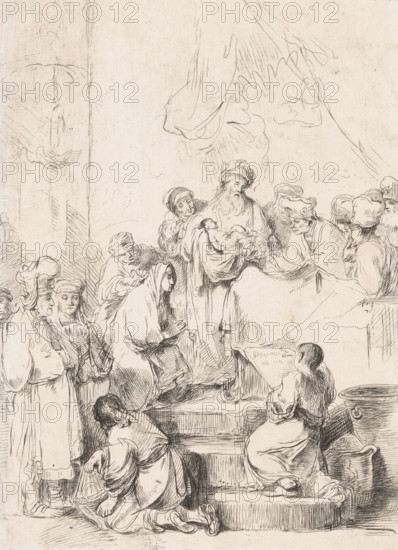 Presentation of Christ in the Temple, print, Number of states known 1(3), printmaker: Joachim Martin Falbe, after drawing by Christian Wilhelm Ernst Dietrich, after drawing by Rembrandt van Rijn, 1732 - 1782, paper, etching, height 270 mm x width 192 mm, presentation of the Christ-child in the temple, usually Simeon (and Anna) present (Luke 2:22-39), A detailed pen drawing of a group of people clustered around a central bearded man holding an infant, with several figures wearing head coverings and turbans. A kneeling woman with a hooded cloak and clasped hands faces the central figures while others stand or kneel on steps and platforms, some leaning forward. Draped fabric hangs above and behind the group, and architectural elements like a column and raised edge of a platform appear at the sides. The scene is rendered in fine, hatched lines with areas of shadow and crosshatching, and there is a round basin or large bowl near the lower right.