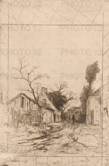 A Tervueren (original title), Street in Tervuren, print, printmaker: Philip Zilcken (signed by artist), 1867 - 1890, paper, pencil, zinc etching, drypoint, intaglio printmaking technique, zinc etching and drypoint, with plate tone, worked with pencil, height 300 mm x width 200 mm, village street, Tervuren, A sepia-toned etching of a narrow village lane flanked by rustic buildings and trees, with a muddy, rutted path leading from the foreground toward a distant, shadowed opening; on the left, a cluster of worn wooden structures and a leaning shed-like building stand beside a bare, thin-branched tree, while a taller tree with fuller foliage rises behind a small house with a pitched roof and chimney; on the right, a tall, dense, vertically elongated tree towers beside a taller building with visible boards, and further down the lane small indistinct figures are silhouetted against the darker middle distance; faint construction lines and a rectangular framing border surround the scene, and ...