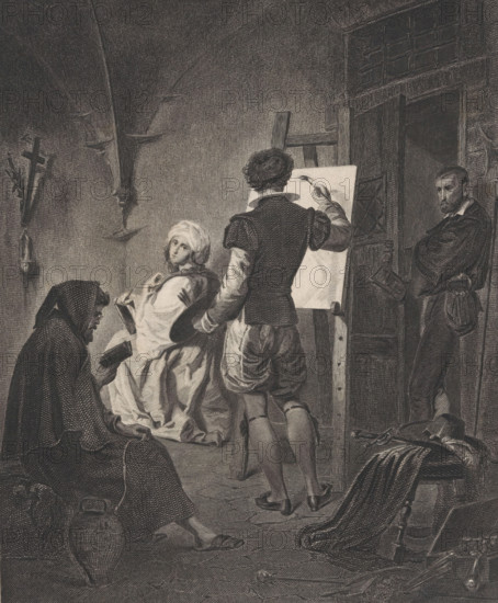 Beatrice Cenci is painted by Guido Reni, Ginevra Cenci in gefängniss von Guido Reni gemalt, print, Text in German in the lower margin., printmaker: William French, after painting by Guido Reni, publisher: Albert Henry Payne, Dresden, Leipzig, 1838 - 1898, Saxony, paper, engraving, etching, height 271 mm x width 205 mm, Person, Beatrice Cenci, historical persons, imprisonment, painter at work, in his studio - CC - out of doors, A monochrome engraving shows an interior scene with a standing male artist seen from behind at an easel, holding a palette and brush toward a blank canvas, a seated woman in a dress and headscarf turned slightly toward him with a contemplative expression, an older cloaked figure seated nearby holding an open book, and a bearded man leaning in a doorway with arms crossed. The room features arched ceilings, a wooden door with a small barred window, a wall-mounted cross and candle holder, scattered objects on the floor including a wicker bottle, draped cloth and a s...