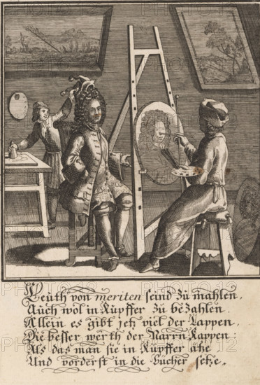 Cartoon on portrait art, Counterfact = Narr, cartoon, print, book illustration, Germany, Austria, 1709, paper, engraving, etching, height 182 mm x width 123 mm, Print used for: Abraham a Sancta Clara, Weigel, Christoph, Lercher, Christoph. Centi-Folium Stultorum. Oder Hunder Ausbündige Jesters. Vienna: 1709., artist's model, sitter, artist (in general) working from clothed model, parody on art, An interior scene rendered in a detailed line engraving shows a seated man with curled hair and ornate clothing facing an easel where an artist sits on a stool painting his portrait on an oval canvas, the artist holding a palette and brushes and wearing a cap and apron. Behind the sitter a second attendant stands at a table holding a wig above the seated man’s head. The room contains framed landscape pictures on the walls, a round object hanging on the wall near the table, and a ladder-like support for the easel. The floor and walls are illustrated with closely spaced hatch lines and the lower p...