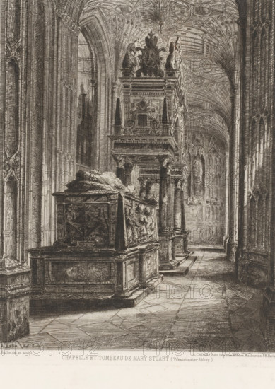 Tomb of Mary I Stuart, Chapelle et tombeau de Mary Stuart, French etchings from 1874, L'eau-forte en 1874, print, Series number, 21, 30, collector's mark: 'AFE v S', printmaker: Auguste Ballin, publisher: Alfred Cadart, Paris, 1874, paper, etching, drypoint, intaglio printmaking technique, height 229 mm x width 180 mm, Person, Maria I Stuart (Queen of Scotland), historical persons - BB - woman, grave, tomb, A long, narrow interior view of a vaulted stone chapel with a tiled floor and tall, pointed arches running along the length of the space, ornate carved stonework lining the walls and columns, and high decorative ceilings with ribbed and patterned vaulting. Along one side are raised stone tombs and elaborate sculpted monuments with reclining effigies atop carved coffers, flanked by carved pillars and ornamental pedestals, some monuments featuring sculpted figures and decorative shields. Light and shadow emphasize the linear perspective down the chapel aisle toward distant arched wind...