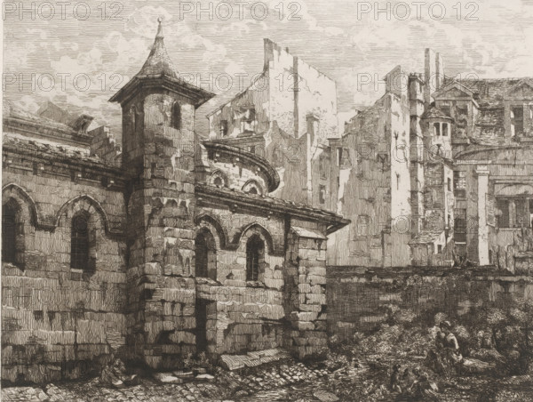 View of Saint-Julien-le-Pauvre, Saint Julien le Pauvre, L'eau-forte en 1874, French etchings from 1874, print, Series number, 23, 30, collector's mark: 'AFE v S', printmaker: Gabrielle-Marie Niel, publisher: Alfred Cadart, Paris, 1874, paper, etching, drypoint, intaglio printmaking technique, height 239 mm x width 318 mm, church (exterior), Saint-Julien-le-Pauvre, A detailed pen-and-ink view of old stone buildings showing textured brickwork and arched windows, a tower with a conical roof and a small finial, a curved cornice and rounded window openings, adjacent taller façades with worn surfaces and narrow openings, rooftops with tiles and varied gables, chimneys and small projecting structures, areas of shadow and crosshatched shading, rubble and uneven paving at ground level, and a few small human figures near the lower right among vegetation.