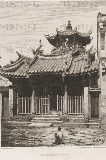 Pagoda Boudhiste à Saïgon, Buddhist temple in Ho Chi Minh City, L'eau-forte en 1874, French etchings from 1874, print, Series number, 24, 30, collector's mark: 'AFE v S', printmaker: Henri Alexandre Saffrey, publisher: Alfred Cadart, Paris, 1874, paper, etching, drypoint, intaglio printmaking technique, height 316 mm x width 239 mm, temple, shrine, Hinduism, Buddhism, Jainism, Ho Chi Minh City, A detailed monochrome illustration of a traditional temple facade with ornate tiered roofs featuring upturned eaves and decorative dragon-like finials, a central entrance behind a barred gate flanked by columns, steps leading up to the entrance, and a solitary figure kneeling on the ground facing the temple; surrounding architectural elements include adjacent walls and building facades, carved roof ornaments, and patterned roof tiles, all rendered with fine linework and shading.
