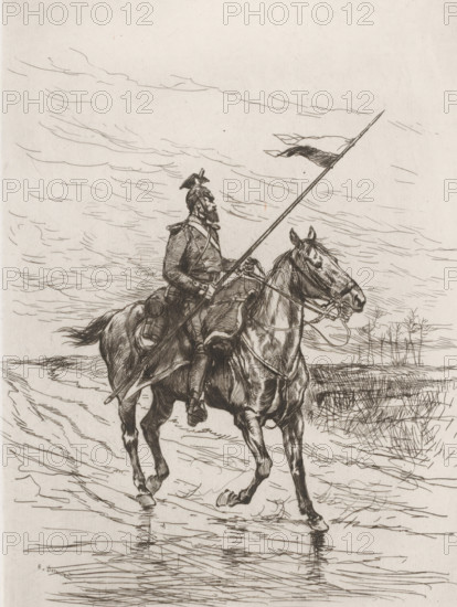 Ulaan on horseback, Un uhlan, French etching from 1874, L'eau-forte en 1874, print, Series number, 28, 30, Cavalryman with lance from the uhlans regiment., collector's mark: 'AFE v S', printmaker: Edouard Detaille, publisher: Alfred Cadart, Paris, 1874, paper, etching, drypoint, intaglio printmaking technique, height 317 mm x width 239 mm, horse, animals used in the army, helved weapons, polearms (for striking, hacking, thrusting): lance, A monochrome line drawing shows a bearded man in a uniform and hat riding a horse along a shoreline, holding a long spear with a small flag near its tip; the horse has a bridle and saddle and its hooves touch shallow water that reflects thin lines, and the rider wears a cloak and straps across his chest; sparse grasses and low vegetation are visible on the right, and the sky is filled with horizontal, sketchy cloud lines.