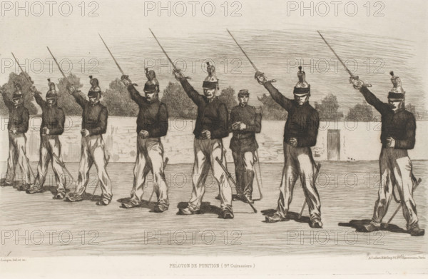 Peloton soldiers with drawn sword, Peloton de punition, L'eau-forte en 1875, French etchings from 1875, print, Series number, 8, 40, collector's mark: 'AFE v S', printmaker: Auguste André Lançon, publisher: Alfred Cadart, Paris, 1875, paper, etching, drypoint, intaglio printmaking technique, height 209 mm x width 328 mm, hacking and thrusting weapons, ranks in the army, A monochrome drawing of uniformed men standing in a line outdoors, each wearing dark jackets and light trousers, caps with decorative crests, and holding swords raised above their heads while gripping scabbards at their sides; trees and a low wall form the background and a shadowed ground stretches beneath their feet, with one central figure standing slightly behind the others wearing a different, more detailed uniform and a hat without a crest.