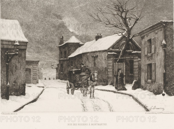 Rue des Rosiers à Montmartre, View of the Rue des Rosiers in Montmartre, French etching from 1875, L'eau-forte en 1875, print, Series number, 10, 40, watermark, collector's mark: 'AFE v S', printmaker: Charles-Joseph Beauverie, publisher: Alfred Cadart, Paris, 1875, paper, etching, drypoint, intaglio printmaking technique, height 238 mm x width 318 mm, street, snow, four-wheeled vehicle drawn by one animal, Montmartre, A snowy street scene rendered in fine dark lines shows snow-covered rooftops and sidewalks, a leafless tree with snow on its branches beside a building, a horse pulling a small carriage driven by a man in a hat, a woman standing on the sidewalk in a long coat, stone and wooden buildings with shuttered windows and chimneys, old-fashioned street lamps with snow on their tops, tracks in the snow on the road, and a cloudy, heavily textured sky above.