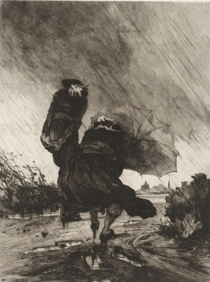 Retour d'une bonne action, Two women in a rain shower, L'eau-forte en 1875, French etchings from 1875, print, Series number, 11, 40, collector's mark: 'AFE v S', print maker: Charles Auguste Loye, after design by Charles Auguste Loye, publisher: Alfred Cadart, Paris, 1875, Charles Auguste Loye, Alfred Cadart, printmaker, publisher, paper, etching, drypoint, intaglio printmaking technique, height 315 mm x width 238 mm, charitable works, umbrella, downpour, rain shower, A monochrome etching showing two figures walking into a strong slanting rain, one figure hunched and holding an umbrella that is blown inside out, the other figure leaning forward with hands clasped behind their back and a hat blowing off, both wearing long coats and skirts that billow in the wind; puddled ground with visible reflections and splashes under their feet, a distant low building and spire on the horizon, windswept grasses and reeds at the sides, and a heavily crosshatched sky filled with diagonal rain lines.
