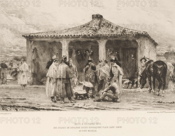 Metz 8 octobre 1870, Des soldats de cavalerie isolés bivouaquent place Saint Simon au Fort Moselle, Group of soldiers in a camp, L'eau-forte en 1875, French etchings from 1875, print, Series number, 15, 40, collector's mark: 'AFE v S', printmaker: Emile Boilvin, publisher: Alfred Cadart, Paris, 1875, paper, etching, drypoint, intaglio printmaking technique, height 242 mm x width 319 mm, shelter, military service, Metz, A sepia-toned scene shows a tiled-roof shelter supported by wooden posts with a chimney rising from the roof ridge, a group of people wearing cloaks and hats gathered under and in front of the shelter, some standing and some seated near cooking pots over small fires, a man crouched by a pot and another bending nearby, a horse standing to the right with its head lowered, various figures in the background near carts and distant buildings, and a sky filled with textured, sweeping cloud strokes.