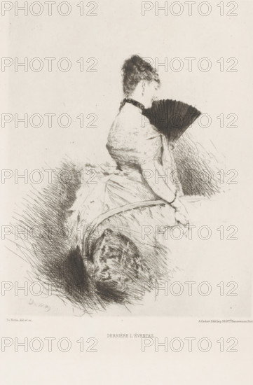 Woman with fan, Derrière l'Éventail, L'eau-forte en 1875, French etching from 1875, print, Series number, 19, 40, collector's mark: 'AFE v S', printmaker: Giuseppe de Nittis, after design by Giuseppe de Nittis, publisher: Alfred Cadart, Paris, 1875, Giuseppe de Nittis, Alfred Cadart, printmaker, publisher, paper, etching, drypoint, intaglio printmaking technique, height 278 mm x width 218 mm, sitting figure - AA - female human figure, fan, A sketch of a seated woman shown from the side and turned slightly away, wearing a dress with a fitted bodice and a dark choker at her neck, her hair swept up and styled, one arm bent to hold an open folding fan that obscures part of her face, the seat beneath her rendered with textured lines suggesting upholstery or a cushion, the surrounding area filled with loose, crosshatched strokes, all in monochrome on a light background.