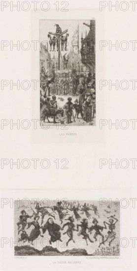 View of a square with a gallows, Les pendus, L'eau-forte en 1875, French etchings from 1875, print, printmaker: Léonce Petit, after design by Léonce Petit, publisher: Alfred Cadart, Paris, 1875, Léonce Petit, Alfred Cadart, printmaker, publisher, paper, etching, drypoint, intaglio printmaking technique, drypoint and plate tone on uncut sheet, height 172 mm x width 95 mm, city-view, and landscape with man-made constructions, instruments of torture, execution or punishment: gallows, A tall rectangular illustration shows a crowded street scene with buildings and a tower in the background, a large wooden scaffold with three hanging figures near the upper center, a group of people gathered beneath and around the scaffold including armored figures and civilians, various onlookers in period clothing at the sides and foreground, a childlike figure leading a small donkey, assorted figures with hats and cloaks, and architectural details such as balconies and rooflines framing the scene.
