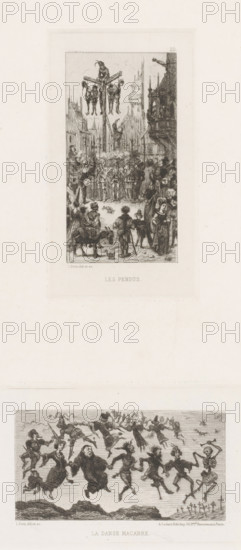 Dance of Death, La danse macabre, French etchings from 1875, L'eau-forte en 1875, print, Series number, 20, 40, Dance of Death with clergy, nobles and demons and skeletons. printmaker: Léonce Petit, after design by Léonce Petit, publisher: Alfred Cadart, Paris, 1875, Léonce Petit, Alfred Cadart, printmaker, publisher, paper, etching, drypoint, intaglio printmaking technique, drypoint and plate tone on uncut leaf, height 103 mm x width 165 mm, dance of Death, Death together with one or more human beings, A tall narrow rectangular etching shows a crowded medieval street scene with buildings and towers lining the sides and a raised wooden scaffold in the distance where several figures hang from crossbeams, while a crowd of armored and robed figures fills the street below; in the foreground a group of onlookers stand and walk, including a man leading a donkey, a woman in a long dress, and others in period clothing, with small animals on the ground; below that scene, a wide horizontal etchi...