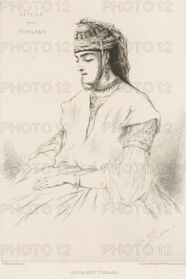 Portrait of Aïscha Bent Tchelabia, Aïscha Bent Tchelabia, French etchings from 1875, L'eau-forte en 1875, print, Series number, 21, 40, collector's mark: 'AFE v S', watermark, printmaker: Pierre Edmond Alexandre Hédouin, publisher: Alfred Cadart, Paris, 1875, paper, etching, drypoint, intaglio printmaking technique, height 256 mm x width 193 mm, Person, historical persons - BB - woman, sitting figure - AA - female human figure, A seated woman in profile wears a layered head covering with decorative bands and hanging ornaments, a long dark veil at the back, and a chain or beaded necklace at her throat; she has closed eyes and a calm facial expression, a fitted sleeve with embroidered or patterned cuff peeking from under a loose outer garment, a draped voluminous skirt, a bracelet on her wrist, and one hand resting on her lap, all rendered in fine pen-and-ink lines on a pale background.