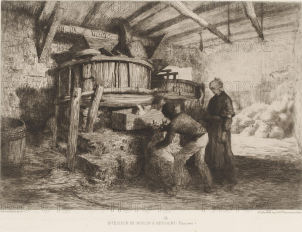 Interior of a mill, Intérieur de moulin à Kersaint (Finistère), L'eau-forte en 1875, French etching from 1875, print, Series number, 22, 40, collector's mark: 'AFE v S', printmaker: Léon Augustin Lhermitte, publisher: Alfred Cadart, Paris, 1875, paper, etching, drypoint, intaglio printmaking technique, height 236 mm x width 319 mm, windmill, watermill, miller, Finistère, A dim interior scene rendered in fine lines shows a rustic wooden structure with large round vats and beams under a slatted roof, rough stone steps and a raised platform, scattered barrels and wooden tools, a figure bending forward handling a sack while another figure stands nearby wearing a long garment, a pile of bulky soft shapes against a wall, and various textures of wood, stone, and plaster throughout the space.