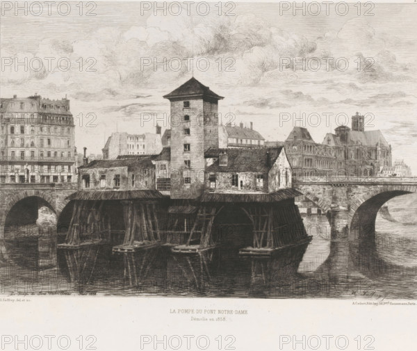 La pompe du Pont Notre-Dame, View of the Pont Notre-Dame, L'eau-forte en 1875, French etching from 1875, print, Series number, 25, 40, watermark, collector's mark: 'AFE v S', printmaker: Henri Alexandre Saffrey, publisher: Alfred Cadart, Paris, 1875, paper, etching, drypoint, intaglio printmaking technique, height 234 mm x width 315 mm, bridge in city across river, canal, Pont Notre-Dame, A wide monochrome etching of a riverside scene showing an arched stone bridge with wooden supports beneath, a cluster of buildings and a tall square tower with a pitched roof rising from the center, flanked by smaller houses with tiled roofs and shuttered windows, a larger ornate building and church visible in the background, a cloudy sky rendered with fine linework above, and reflections and textured shading in the water below.